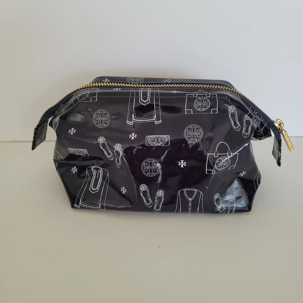 Tory Burch Navy Blue Patent Illustrative Print Cosmetic Bag Makeup Case Gold Log